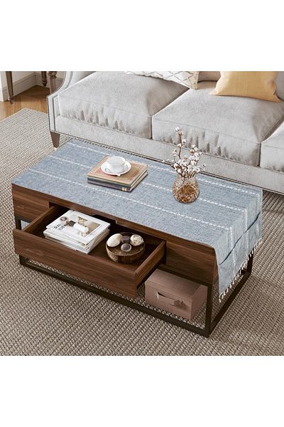 Generic Coffee Table Cloth, Coffee Table Cover with Pockets and Tassel, Blue-Grey Streaks Cotton Linen for