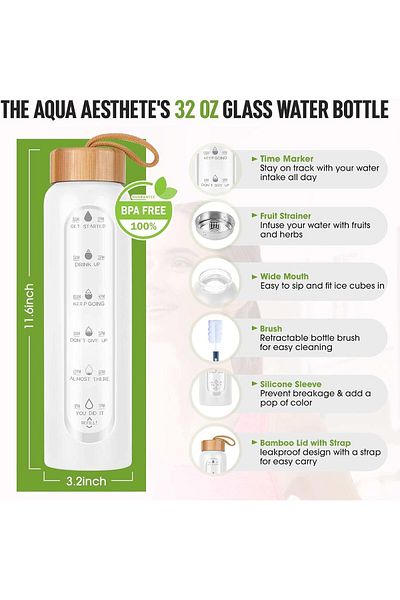 Generic HOOKOR Borosilicate Glass Water Bottle with Time Marker, 32oz Leak Proof Motivational Water Bottle