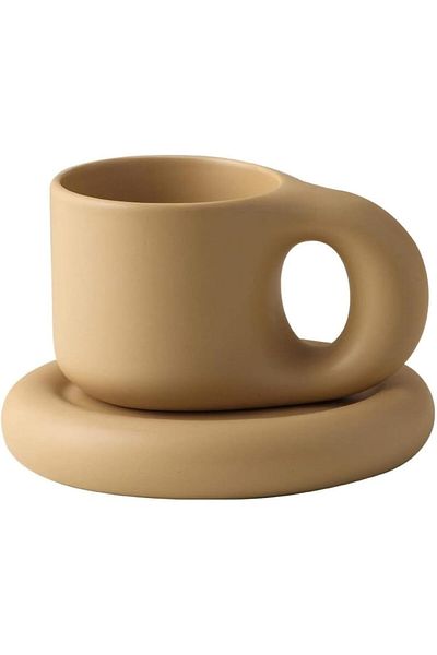 Generic pyebe Ceramic Coffee Chubby Mug Saucer Set, Creative Cute Fat Handle Cup with Saucer for Office and