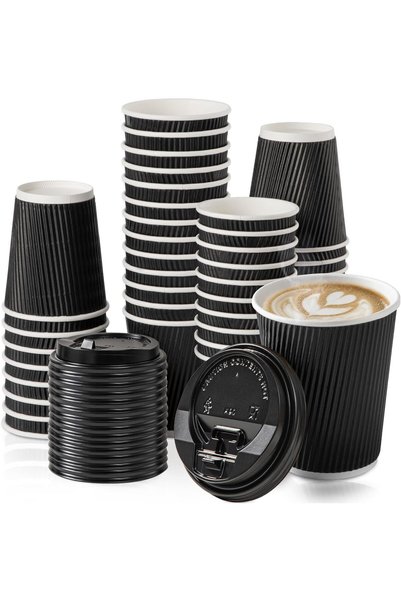 Fit Meal Prep Triple-Layer Insulated Paper Coffee Cups with Black Lids, Dispo...