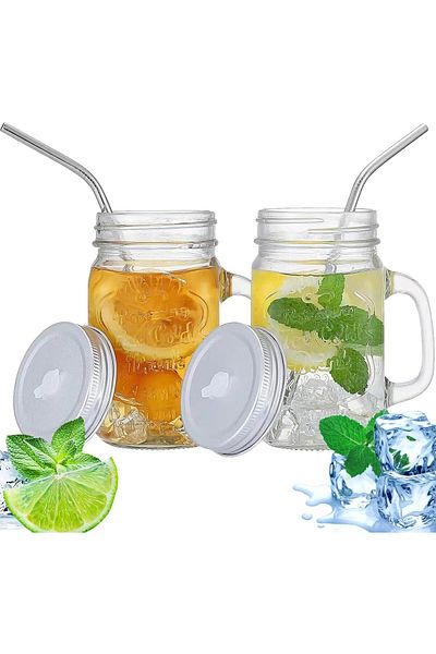 Generic Uandhome 2-Pack Mason Jars, 500ml Clear Glass Mugs With Handle, Drinking Cup With Sealed & Straw Li