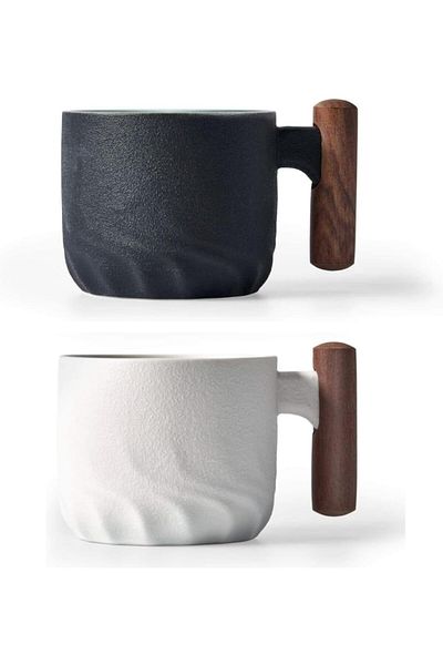 Generic 2 Pcs Espresso Cups Set, 70ml Ceramic Coffee Cups with Wooden Handle, Small Tea & Demitasse Cups fo