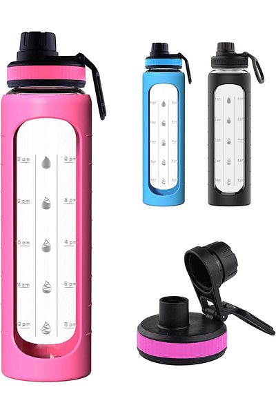 Generic TERRIFI 32 oz Glass Water Bottle with Time Marks and Silicone Sleeve - Flip Lid, Reusable, Wide Mou