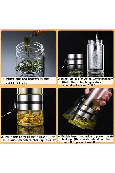 Generic Tazweeq 450ml Double Walled Glass Kettle, Portable Travel Dispenser Teapot Cup with Tea Deflector,