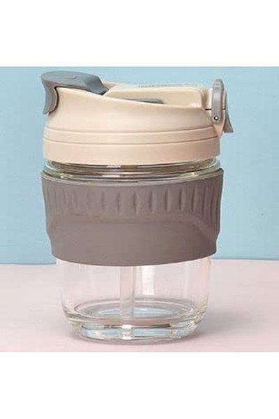 Generic MIBRU Coffee Glass Cup Rubber Holder 350ML (Grey White) Portable Glass Coffee and Juice Cup