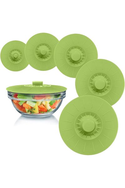 Generic Tazweeq Green Silicone Bowl Lids, Set of 5 Reusable Suction Seal Covers, Silicone Lids for Cups, Bo