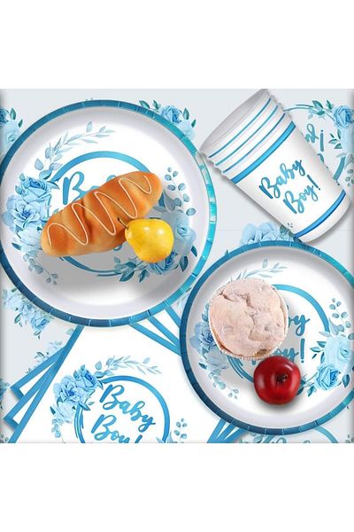 Generic Baby Boy Shower Paper Plates and Napkins Boy Decorations, 68Pcs for 16 Guest with Baby Blue Floral