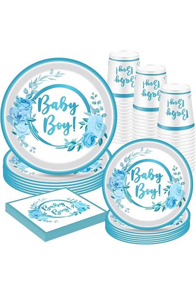 Generic Baby Boy Shower Paper Plates and Napkins Boy Decorations, 68Pcs for 16 Guest with Baby Blue Floral