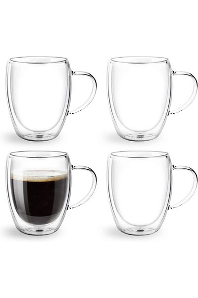 Generic Top-Spring Glass Coffee Mugs 350ml, 12oz Clear Glass Coffee Cups with Handles - Set of 4 Double Wal