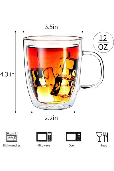 Generic Toysur Glass Coffee Mugs - 4 Pack Double Wall Insulated Glass Coffee Tea Cup Set with Handle, Cappu