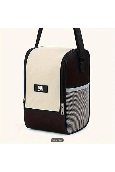 Generic WDA Insulated Lunch Bag with Mesh Pocket, Black and Beige, Adjustable Shoulder Strap