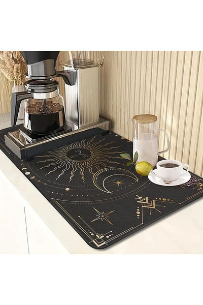 Generic Coffee Mat for Countertops, Black Gold Sun Moon Boho Dish Drying Mat 2 Pcs for Kitchen Coffee Bar A