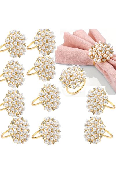 Generic 12 pcs Chic Hotel Restaurant Simulated Pearl and Diamond Inlaid Napkin Rings - Perfect for Valentin