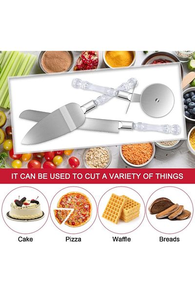 Generic Khazna Cake Cutter and Server Set, 3 Pcs Cake Cutting Set with Pizza Cutter Wheel, Cake Serving Set