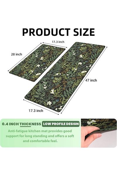 Generic Tazweeq Black Green Botanical Kitchen Rugs Set of 2, 17.3" x28"+17.3" x 47", Plant Leaf Anti-Fatigu