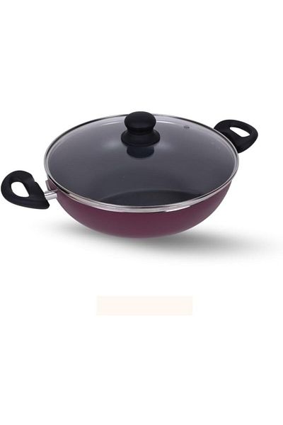 Generic FEI Aluminium Wok Pan with Glass Lid, 26 cm Diameter, Black/Red