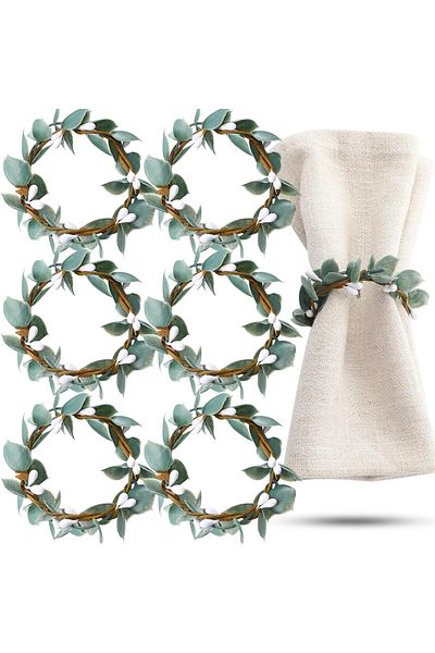 Generic Napkin Rings Set Of 6, Rustic Eucalyptus Wooden Napkin Rings, Farmhouse Greenery Spring Fall Napkin