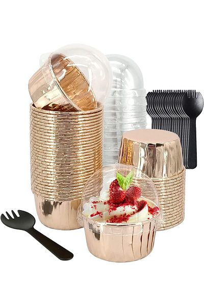 Generic Tazweeq Baking Cups with Lids 50 Pack, Foil Cupcake Liners Muffin Tins, Disposable Ramekins Pans, M