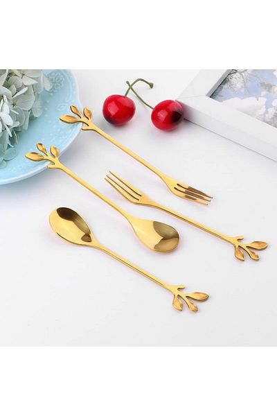 Generic 12pcs Stainless Steel Gold Leaf Coffee Spoons and Cake Forks, Elegant Dessert Tableware Set for Tea