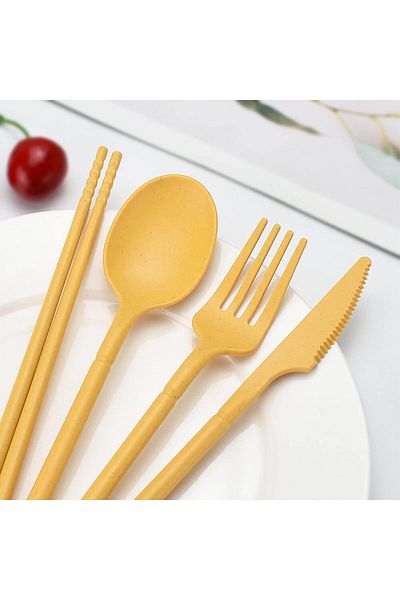 Generic KASTWAVE Wheat Straw Cutlery, 4 Sets Portable Cutlery Set, Reusable Travel Flatware Set, for Lunch