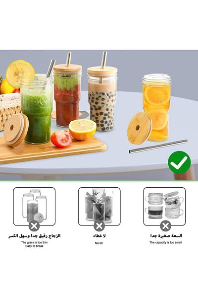 Generic Gluckluz Glass Cup with Straw Set 4pcs Set, 650ml Drinking Glass Kit with 2 Kinds Lids Stainless St