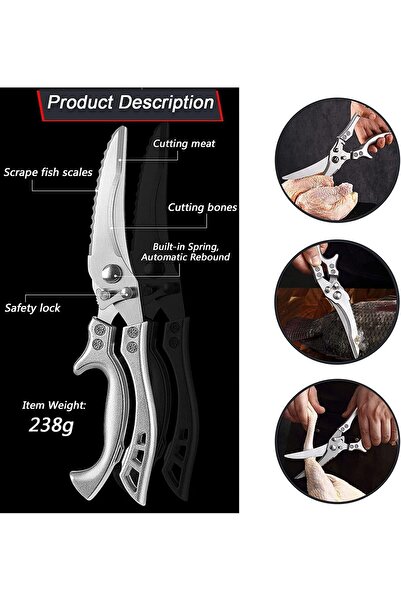 007 مقص مطبخ متعدد الأغراض من الفولاذ المقاوم للصدأ عالي التحمل مع قفل أمان (فضي) - ميكينج تيك