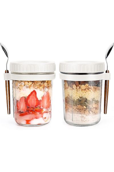 Generic OYDAS Overnight Oats Containers with Lids and Spoons 2-Pack, 10-Ounce Sealing Overnight Oat Jars wi