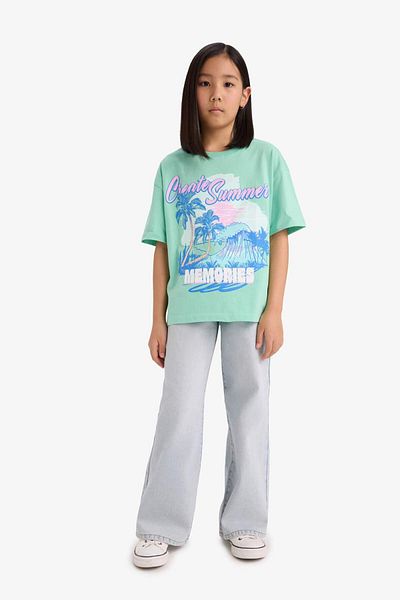DeFacto Girl's Oversize Wide Fit Crew Neck Printed Short Sleeve T-Shirt E0356A825Sm