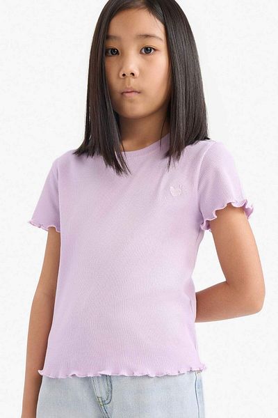 DeFacto Girl's Slim Fit Skinny Cut Crew Neck Printed Ribbed Camisole Short Sleeve T-Shirt D9538A825Sm