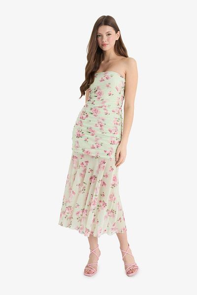 DeFacto Coool Bodycon Σώμα που αγκαλιάζει στράπλες φλοράλ στάμπα τούλι μάξι φόρεμα F5577AX25SM