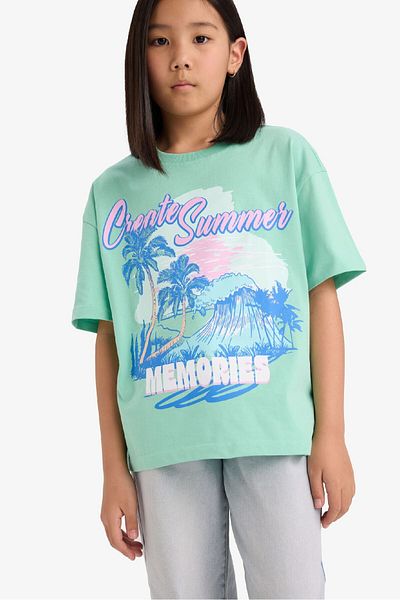 DeFacto Girl's Oversize Wide Fit Crew Neck Printed Short Sleeve T-Shirt E0356A825Sm