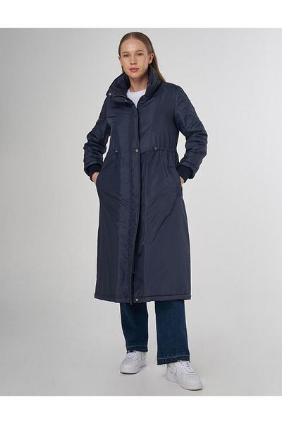 Kayra Waist Drawstring Quilted Mixed Anorak Coat Dark Navy Blue