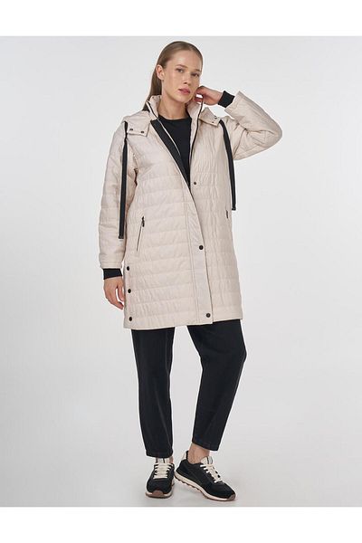 Kayra Stand Collar Hooded Coat Cream