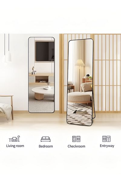 Lumely Modern Rectangular Full Length Mirror With Rounded Corners And White Metal Frame 155 X 45cm