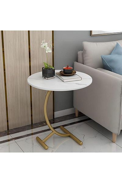 Generic Beauenty 40cm Round Side Table, Small Wooden Coffee Table with Gold Metal Frame for Sofa and Bed, M