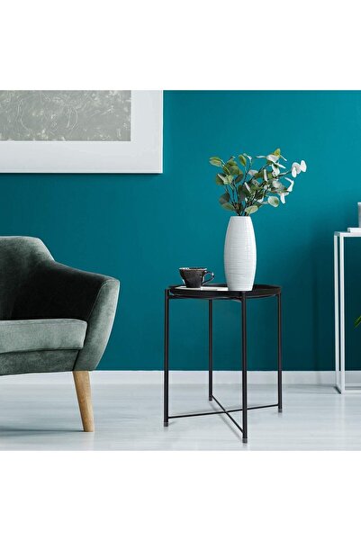 SKY TOUCH SKY-TOUCH Round Metal Tray Table Black, Detachable Tray Top, Coffee Table