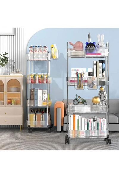 Generic 4-Tier Rolling Storage Cart, Multifunctional Transparent Storage Organizer Cart, Movable Shelf Slid