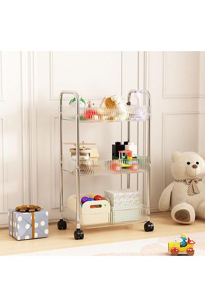 Generic Acrylic Storage Rolling Cart Clear Bathroom Cart Organizer with 4 Hanging Cups Transparency Laundry