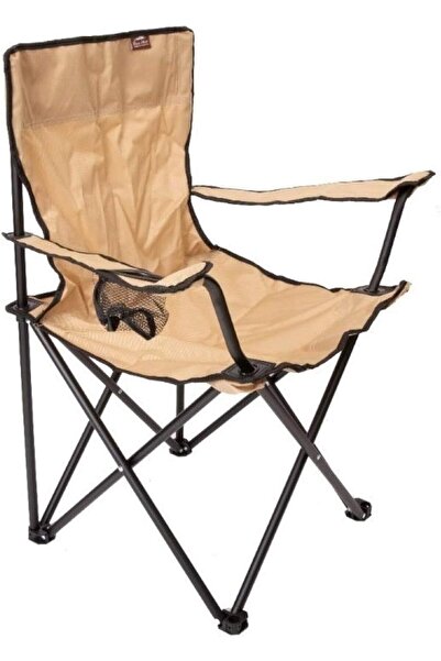 Generic Portable folding fabric chair with cup holder, Beige/Black, Wood