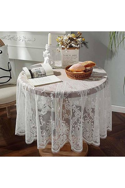 Generic Tazweeq Vintage 60 Inch White Lace Tablecloth, Floral Embroidery, Boho Style, For Weddings, Hallowe