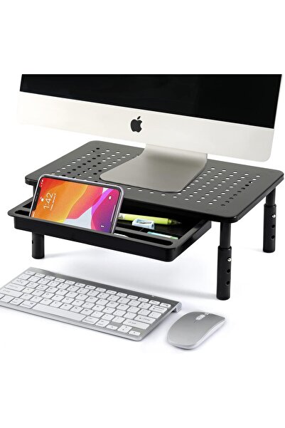 genernic 3-Level Adjustable Monitor Stand with Storage Drawer, Metal, Black, Model MS05S-B
