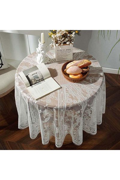 Generic Tazweeq Vintage 60 Inch White Lace Tablecloth, Floral Embroidery, Boho Style, For Weddings, Hallowe