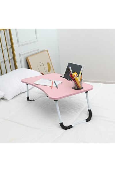 Generic Lawazim Foldable Laptop Desk - Pink - Portable Bed Table with Cup Holder and Adjustable, Ergonomic,