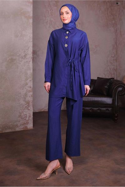 TRENDTESETTÜR Women's Navy Blue Tie-Up Detail Pants Suit t 8884