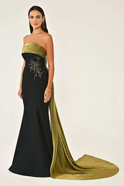 ALFABETA Off-the-shoulder crepe evening dress with top accessories