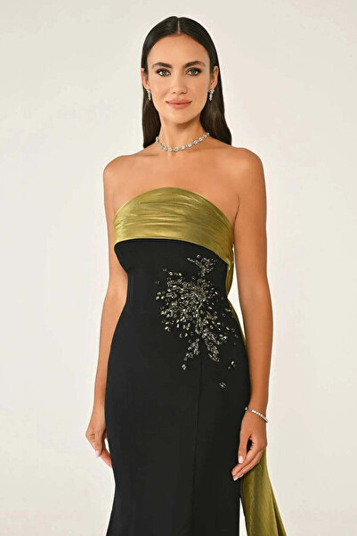 ALFABETA Off-the-shoulder crepe evening dress with top accessories