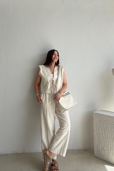 ELVAN TOLON Beige Lace-Up Vest Pants Set