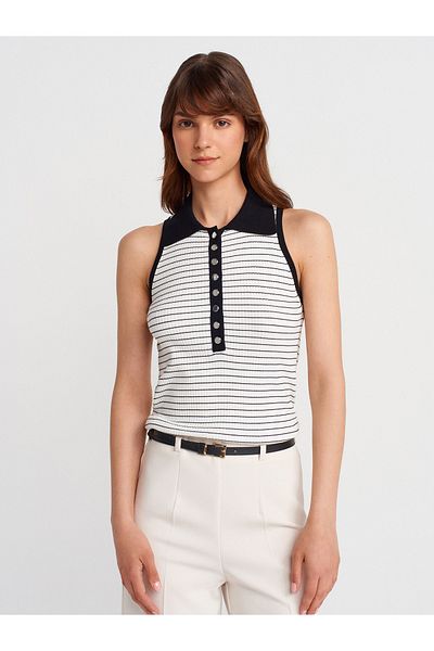 Dilvin 10763 Polo Neck Striped Buttoned Knitwear Blouse-Ecru-Black