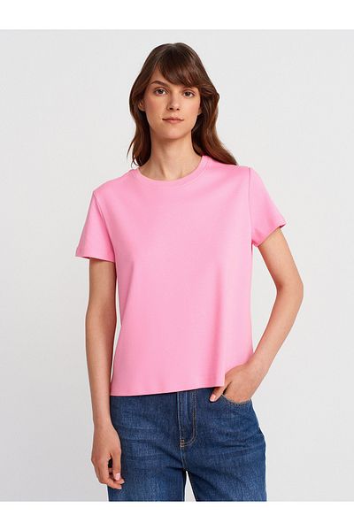 Dilvin 31757 Crew Neck Stitching Detailed T-Shirt-Pink