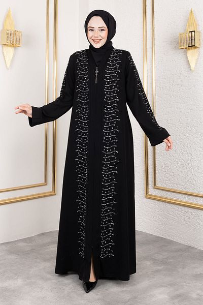 Tesettür Dünyası Dot Stone Λεπτομερής Abaya TSD250171 Μαύρο